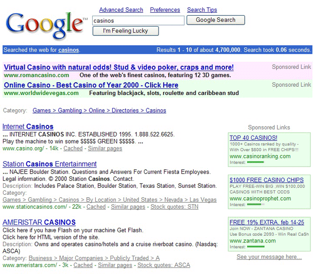 Adwords ads in Google search results (2001)